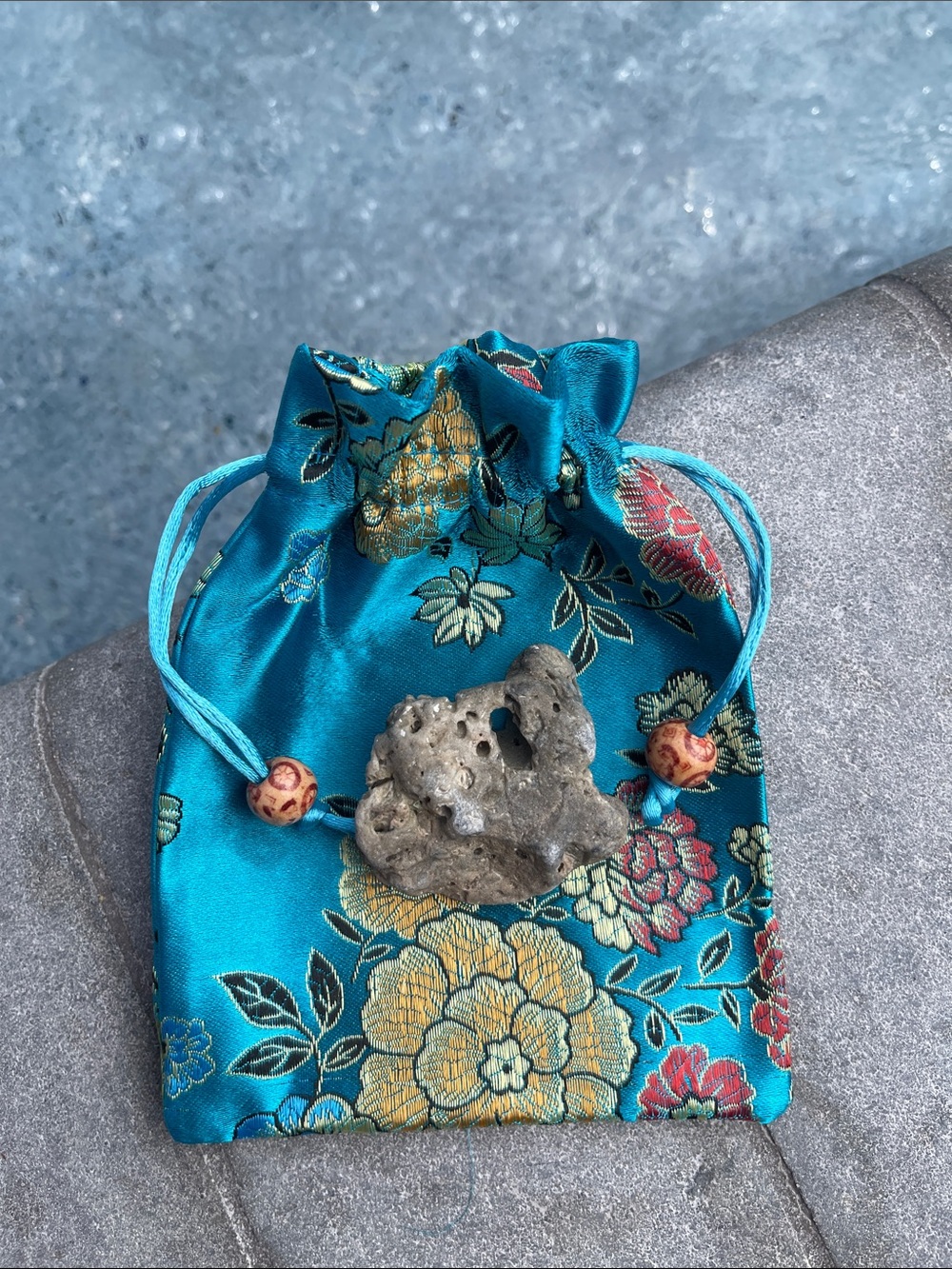 Turquoise Floral Satin Drawstring Jewelry Pouch - Large Hagstone